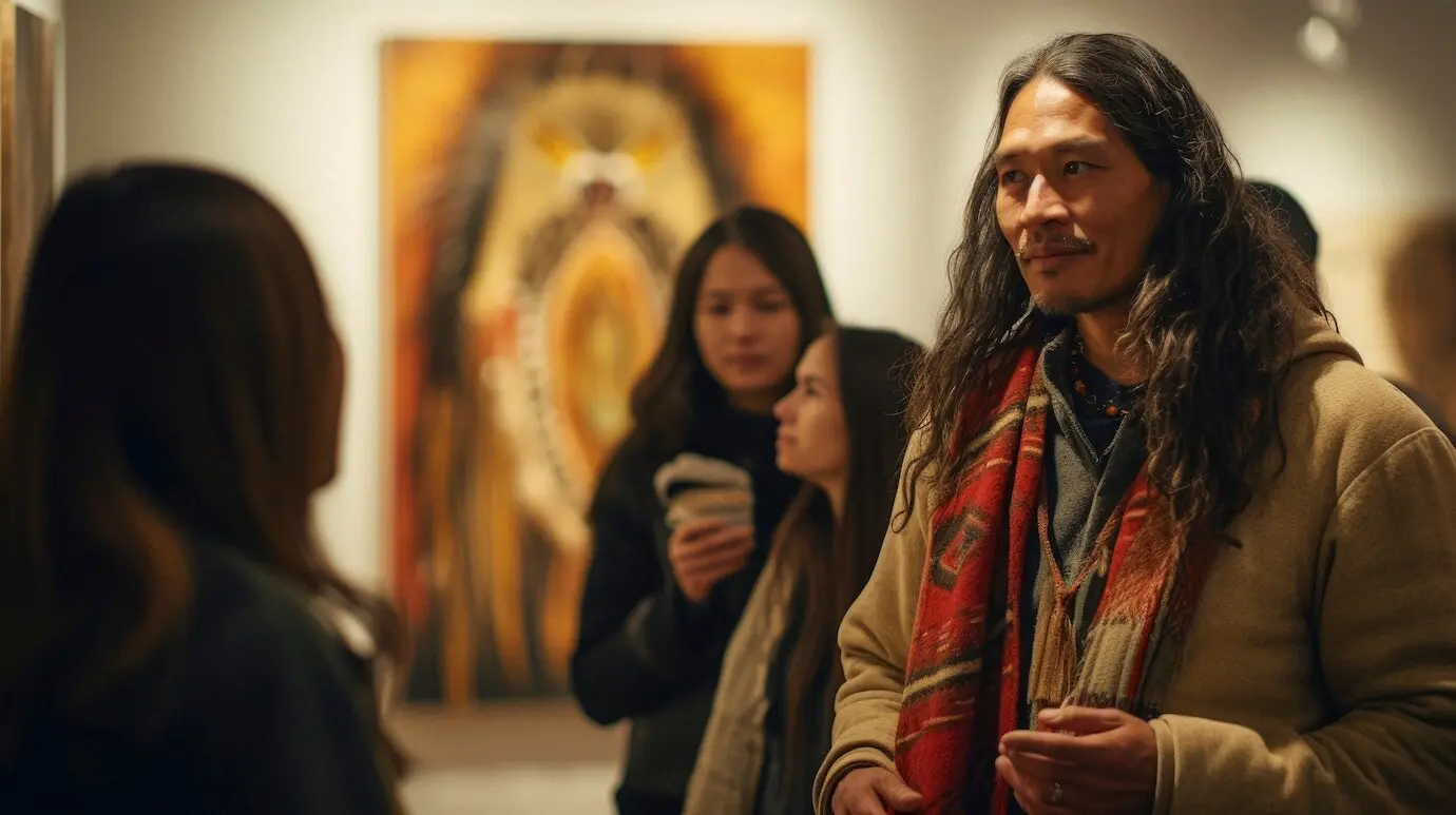 A portrait depicting an indigenous person integrated into modern life.