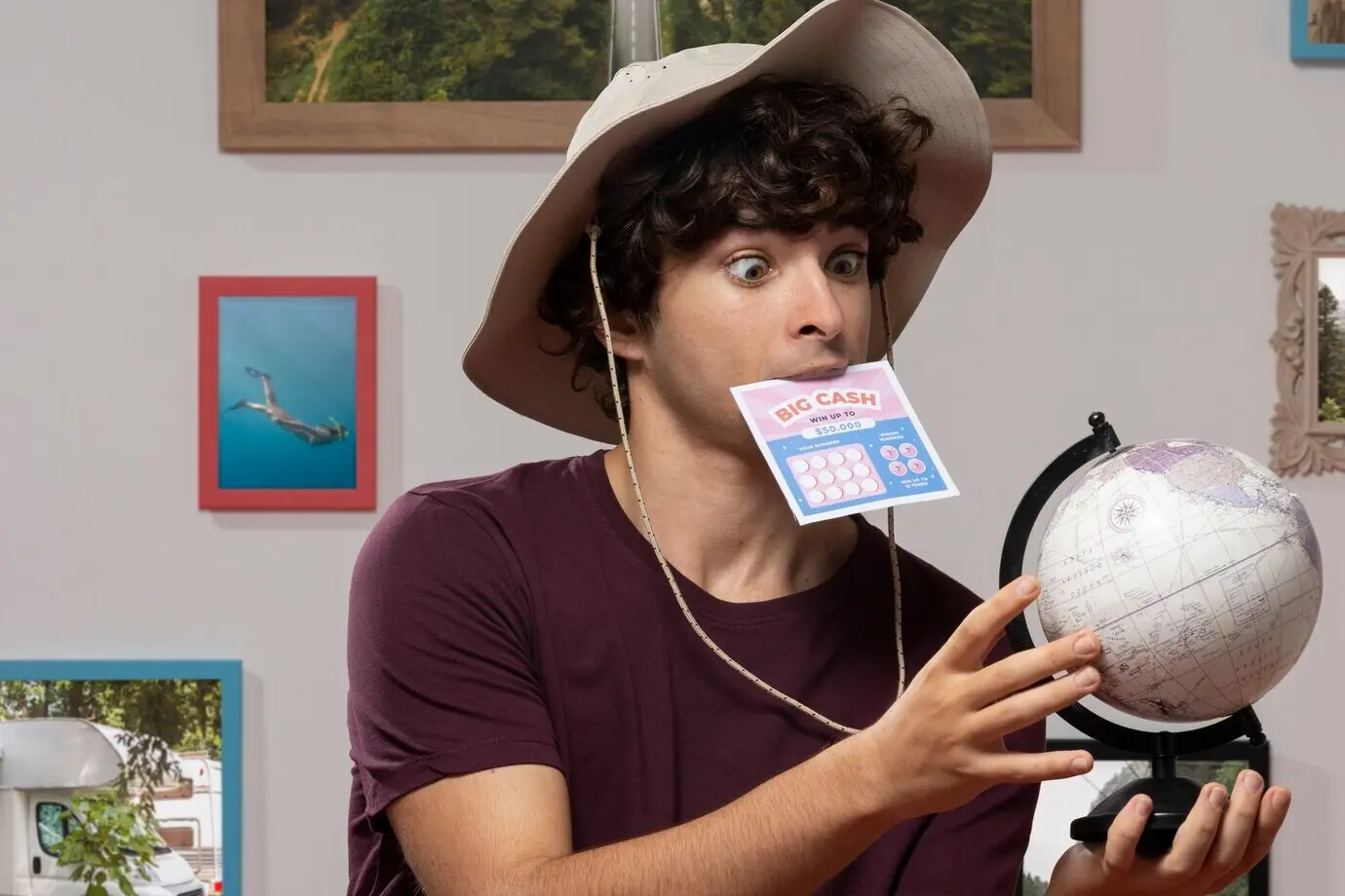 Traveler shown from the side, holding a lottery ticket.